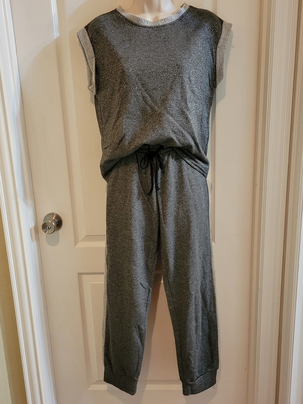 Metallic Gray Short Sleeve Knit Top - Shimmery Crewneck And Pants Set